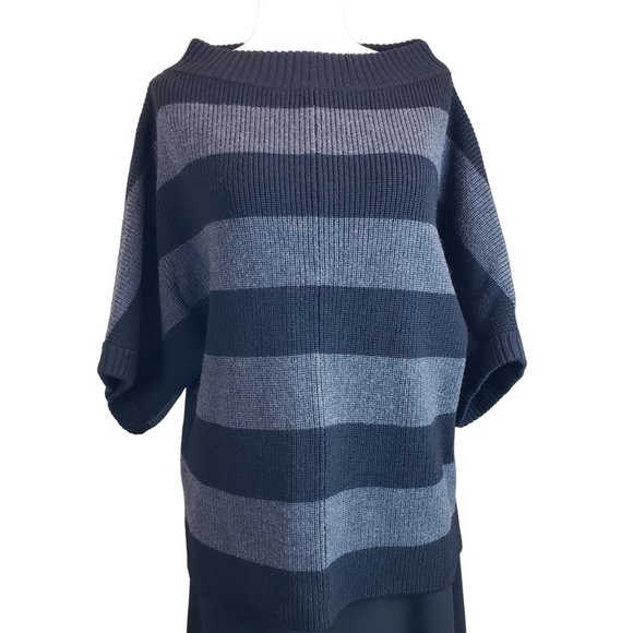 Tory Burch Heavy Warm 100% Wool Oversize Sweater Black Gray Wide Stripe M - Picture 5 of 14